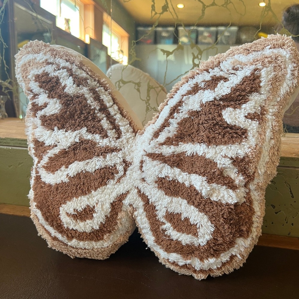 Whimsical Butterfly Moth Tufted Decorative Throw Pillow Brown Cream Bohemian